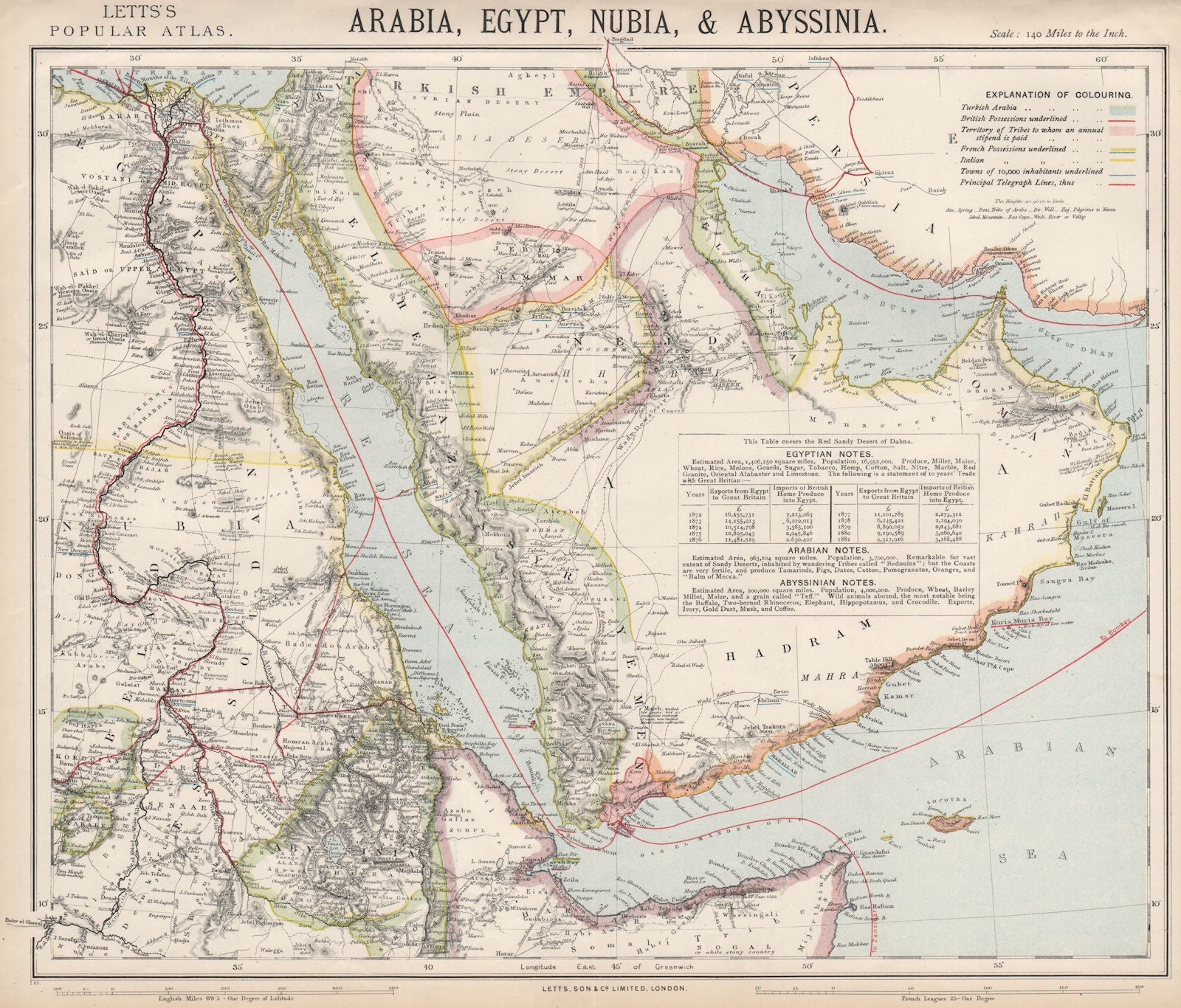 ARABIA Deba/Dubai Abothubi/Abu Dhabi Katar/Qatar Hejaz Oman. LETTS 1889 map